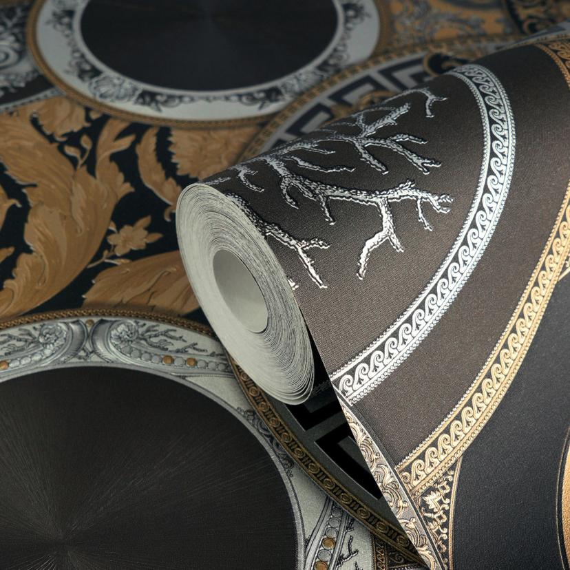 Versace Papel pintado no tejido Art De La Table Baroque Circles Medusa Meander Black Gold