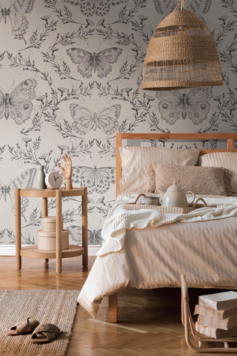 tapet med sommerfugl grå beige - non-woven tapet insekter Livingwalls - mat og glat