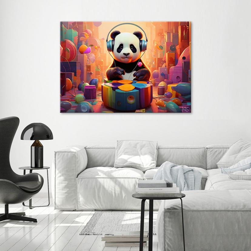 Stampa su tela, panda con cuffie