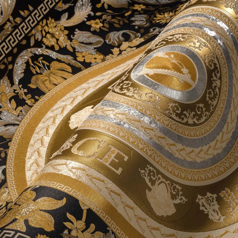 Versace design tapet i guld og sort non-woven tapet med blomstret medusa hoveder