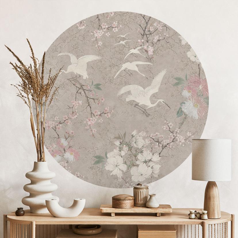Vinilo decorativo de pared Grullas en un cerezo en flor Beige - Decoración con flores - Redondo
