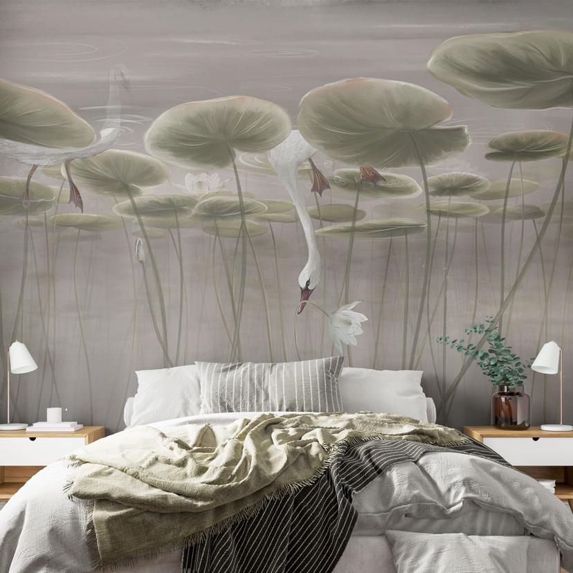 Natuur Fotobehang lotusbloemen met zwaan in het water in grijs - Ms Tiff