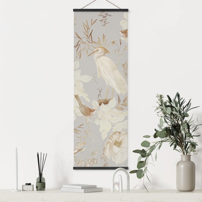 Stoffbild Vögel zwischen weißen Blumen - UN Designs - Panorama