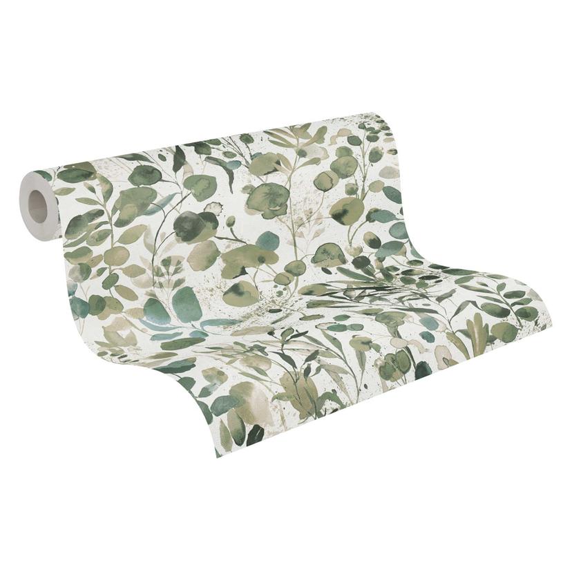Papel pintado vegetal acuarela verde blanco - Papel no tejido con motivo de hojas - Papel pintado fl