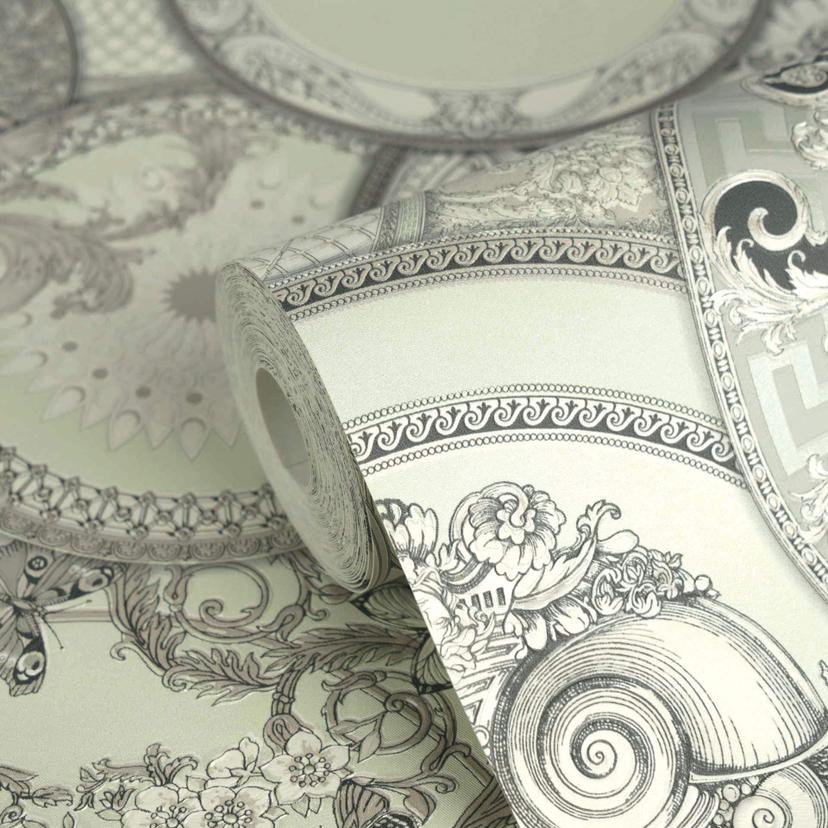 Papel pintado no tejido Versace Art De La Table Circles Meander Medusa Verde Gris Metalizado