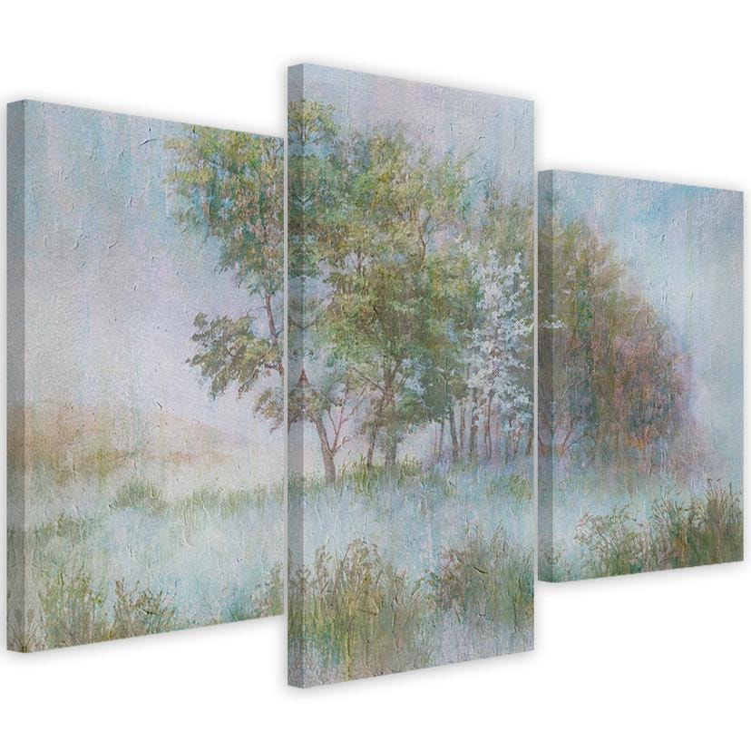 Tableau sur toile 3 volets, arbres sur une prairie brumeuse