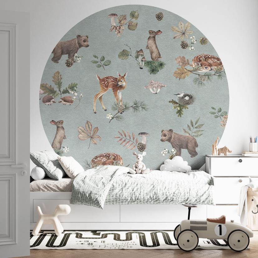 Fawn and forest friends fototapet - dyr til børn - blå - Kikki Belle - Rund - vliesetapet/selvklæben