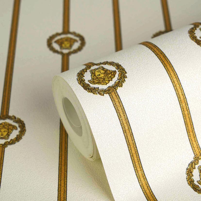 Papel pintado no tejido de lujo I Love Baroque stripes Medusa White Gold