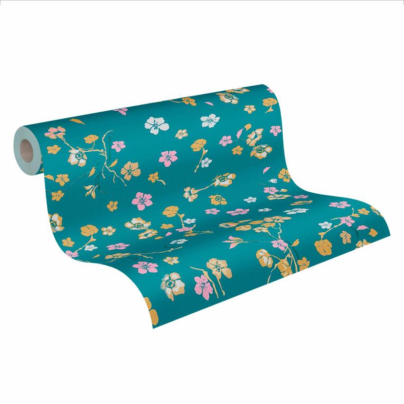 Florale Tapete Blau Grün - Vliestapete Natur - Blumentapete Design
