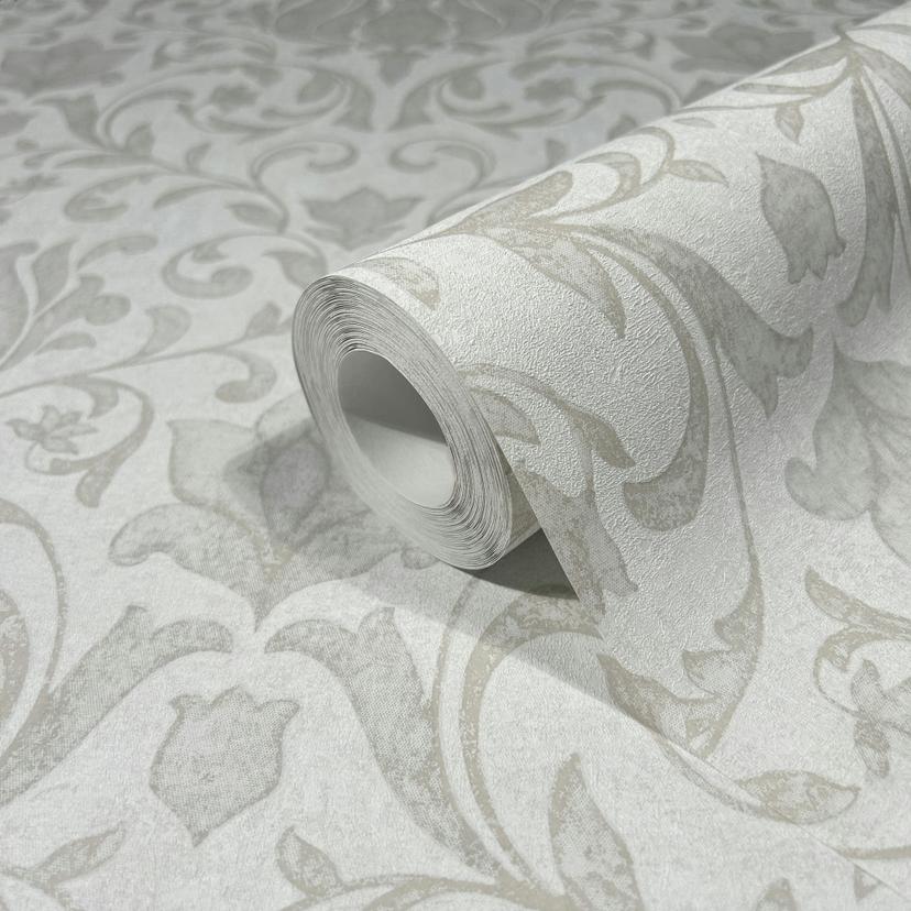 Vliestapete mit Blumen, Blätter ornamental glänzend weiß Floral