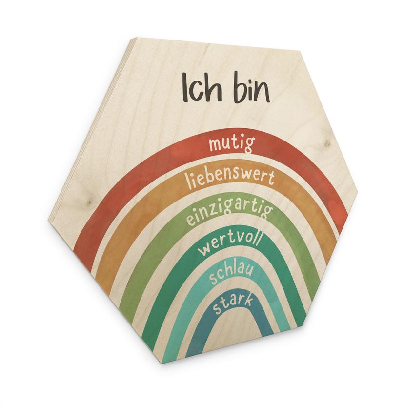 Holzbild Hexagon mit Regenbogen - Glaubenssätze wie 'stark, schlau, wertvoll'