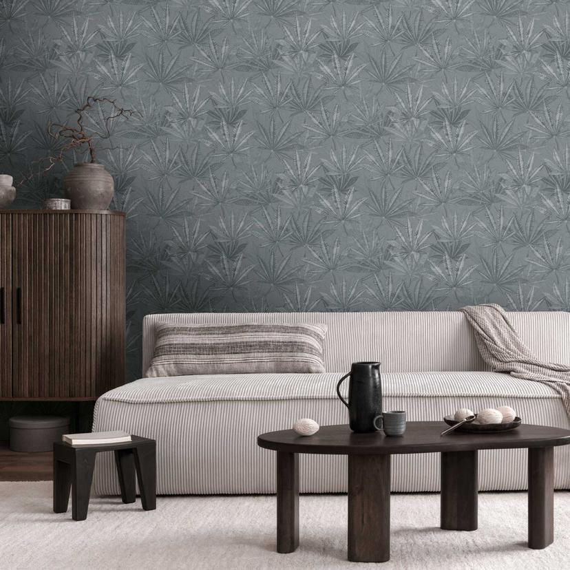 Papier peint à feuilles Gris - Papier peint intissé avec de grands motifs de feuilles dans un style moderne