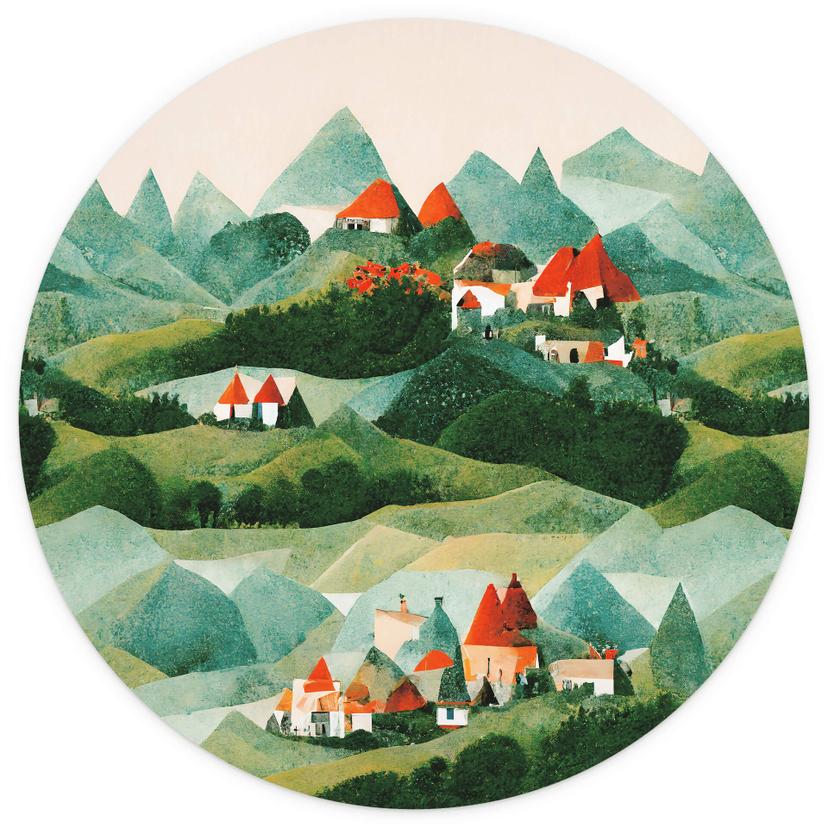 Kinderzimmer Fototapete Treechild - Kleines Dorf inmitten grüner Hügel - Rund - Selbstklebend/Vlies
