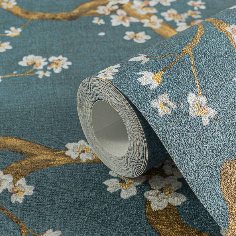 Papel pintado Rama en flor verde oscuro oro blanco - motivo floral asiatico - Papel pintado no tejid