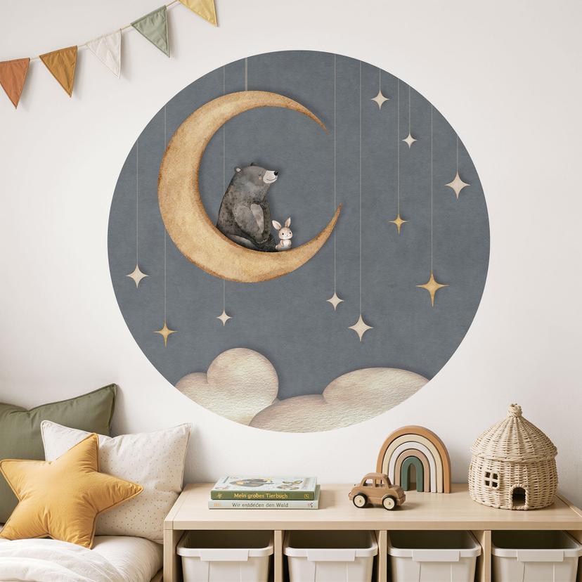 Sticker mural Lièvre et Ours sur la Lune - Oliver Robins - Rond