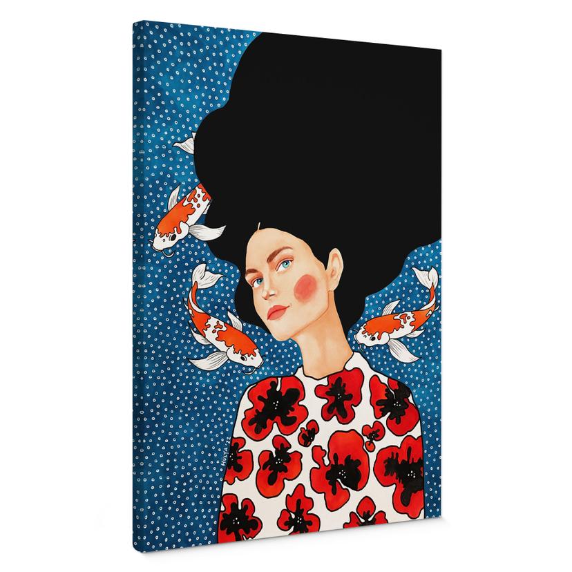 Lienzo Mujer con vestido de flores y carpa koi - Hülya