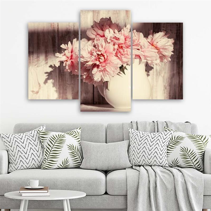 Stampa su tela 3 pezzi, bouquet vaso vintage