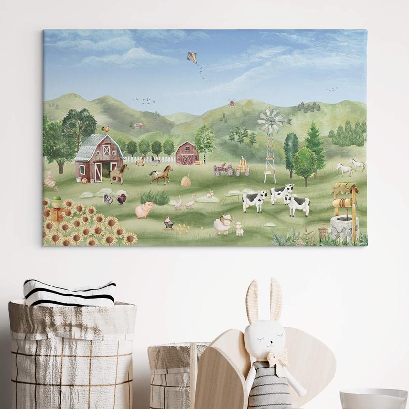 Canvas Oliver Robins - Kleurrijke boerderij met dieren