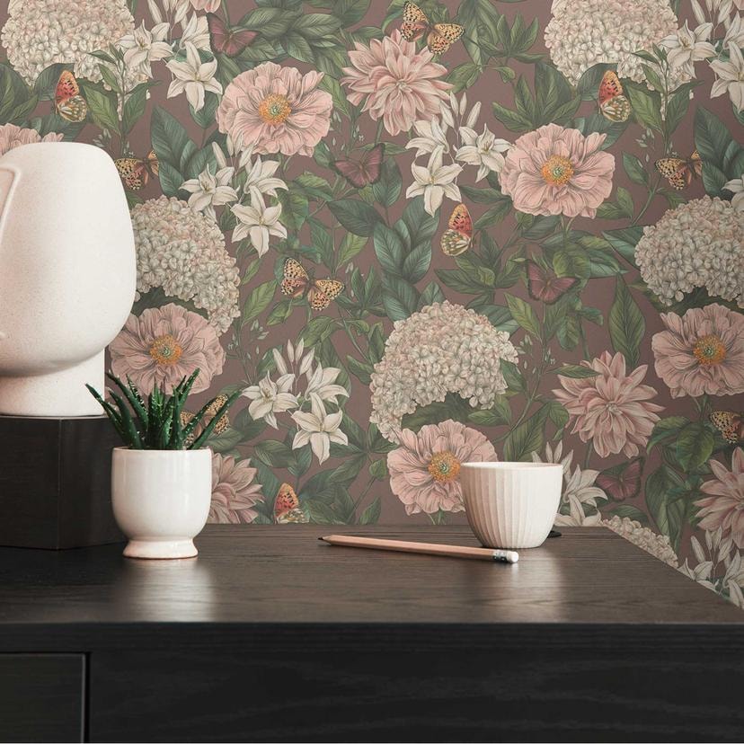 Papel pintado floral con mariposas rojo verde - papel pintado no tejido con flores claras