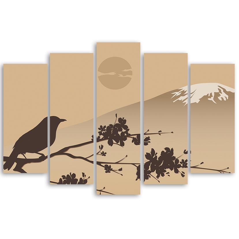 Stampa su tela 5 pezzi, Giappone Fuji uccello beige