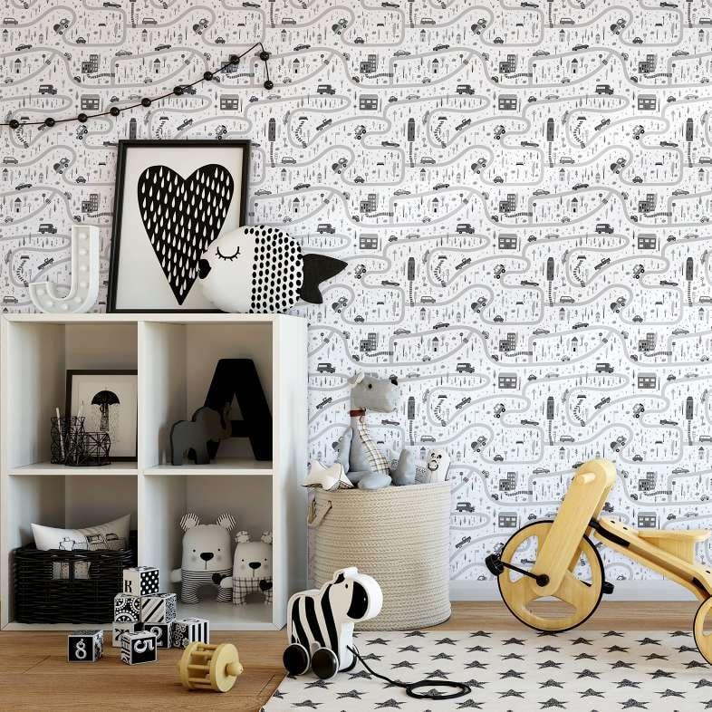 Børnetapet, non-woven tapet med illustration Kids Walls hvid, grå