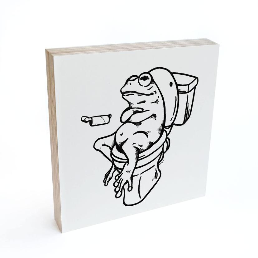 Holzbild zum Hinstellen - Warten auf der Toilette - Humorvolle Frosch-Illustration - Royle - 15x15 c