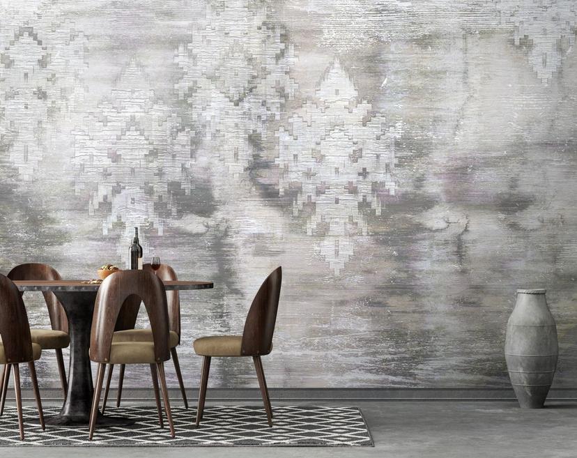 Papier peint motif forêt nuageuse lumineuse grise avec bouleaux et structure abstraite 3,4 x 2,65 m