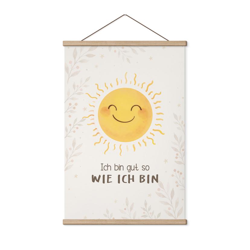 Stoffbild mit Sonne - Kraftsatz für Kinder 'Ich bin gut so wie ich bin'
