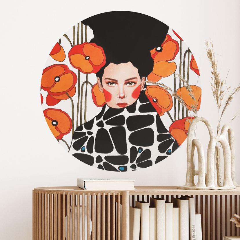 Wallsticker Kvinde med retro valmueblomster - Hülya - Rund