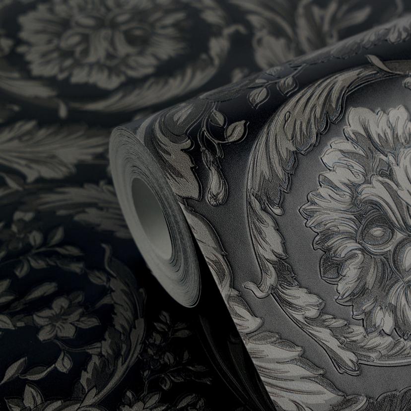 Versace Vliesbehang Barocco Neo klassieke bloemen ranken grijs zwart elegant