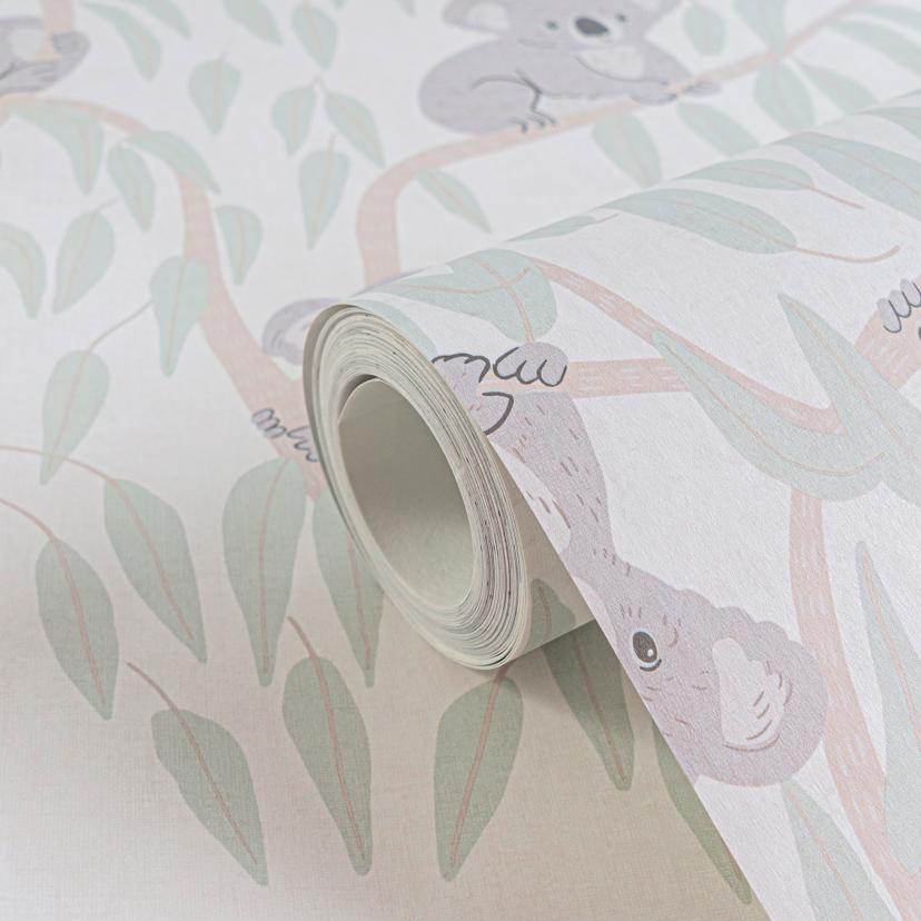 Papel pintado Koala beige verde - papel pintado infantil con koalas en arboles