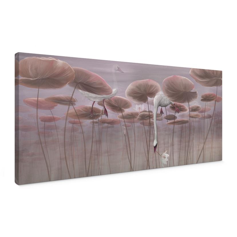 Canvas schilderij Lotusbloemen met zwaan in water in donkerroze - Ms Tiff - Panorama