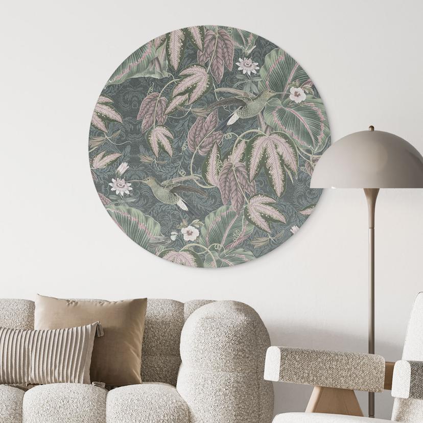 Stampe per pareti con colibrì in una foresta tropicale - Decorazione floreale - Alu-Dibond rotondo