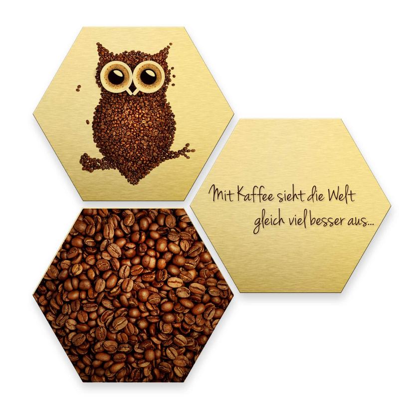 Hexagon - Alu-Dibond-Goldeffekt - Kaffeeeule (3er Set)