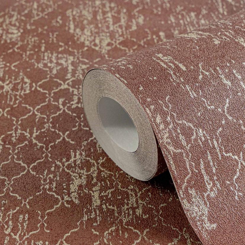 Papel pintado ornamental rojo oro - Papel no tejido con aspecto vintage y textura brillante