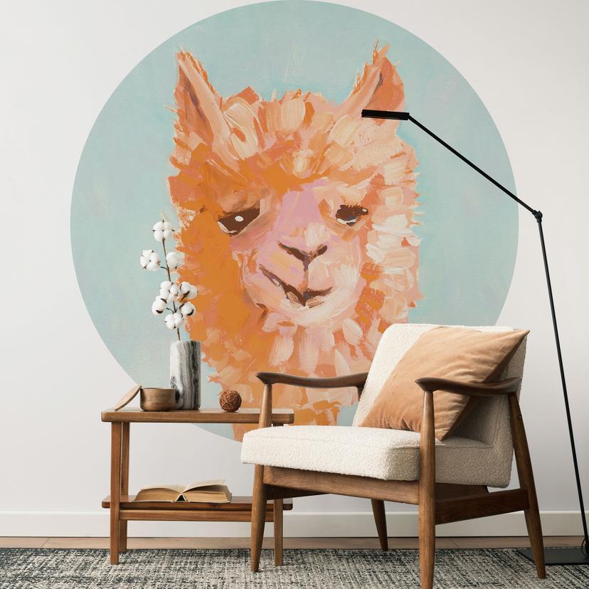 Fotomural con motivo animal - Alpaca naranja - Zwara - Redondo - Papel pintado autoadhesivo/no tejid