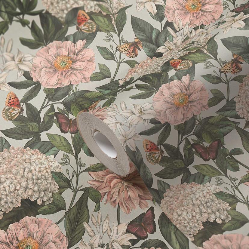 Papel pintado Floral con mariposas gris verde - Papel pintado no tejido con flores claras