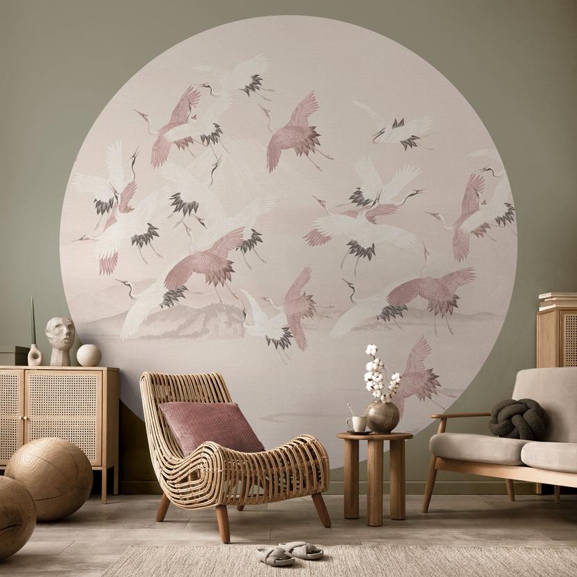 Fugletapet Traner over søen - Bloomery Decor - Rund - selvklæbende/ikke-vævet