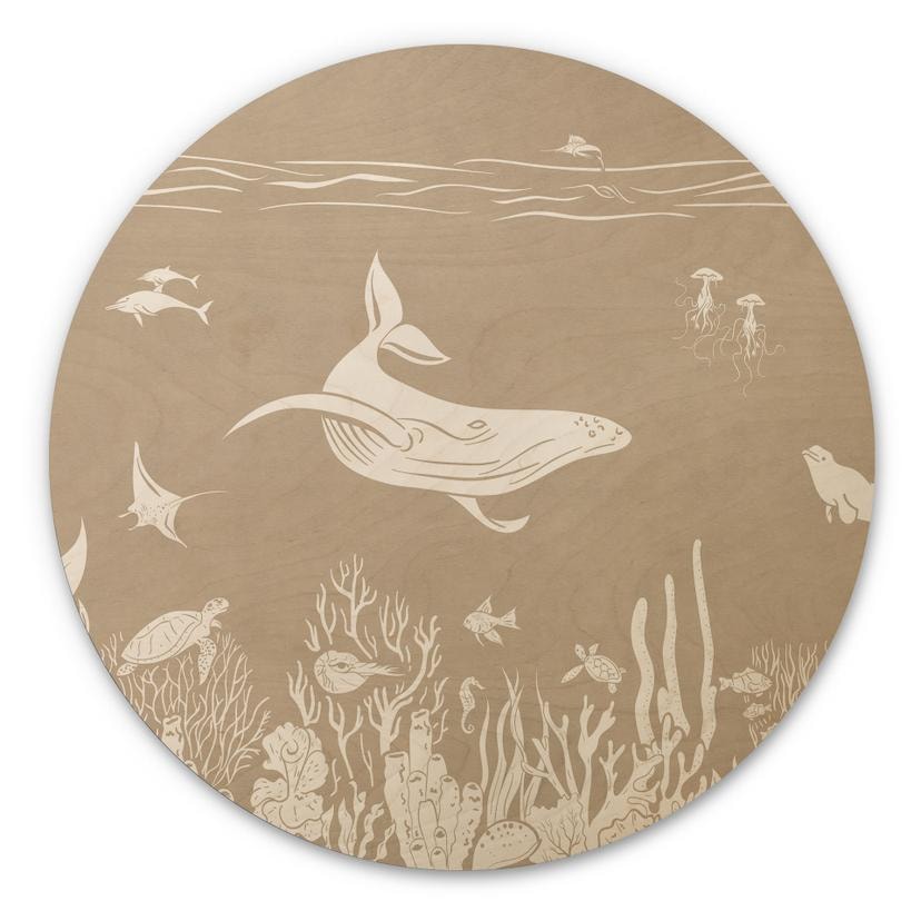Tableau sur bois Fascinants animaux marins dans l'océan - Marron - Kikki Belle - Rond