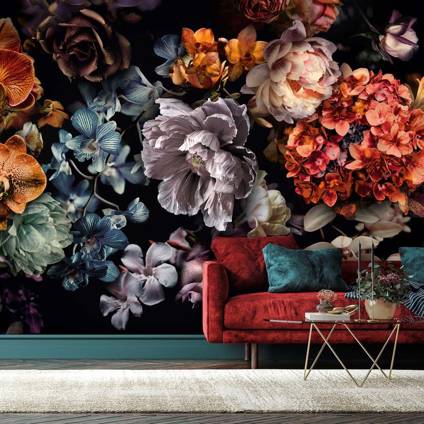 Fototapeta z motywem Dark Floral z orchideami, hortensjami 3,4 x 2,65 m