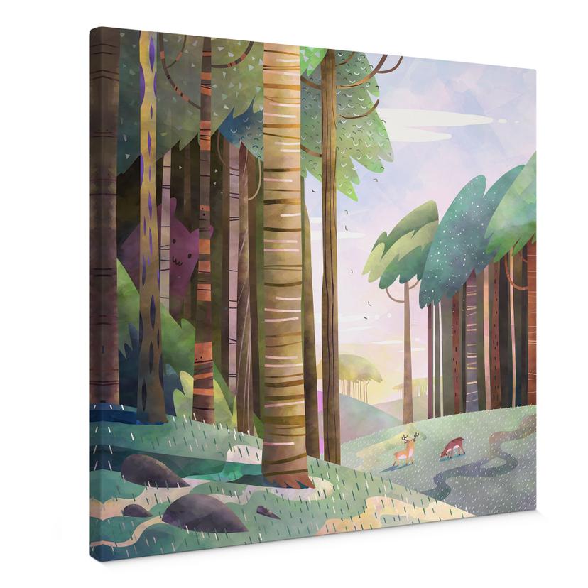 Canvasbillede Solrig skov med hjorte - DigitalArtsi