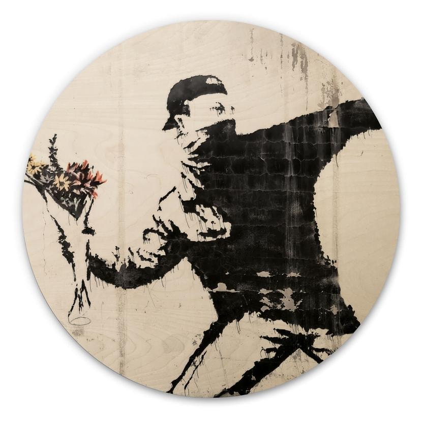 Tableau sur bois Banksy - Le lanceur de fleurs - Rond