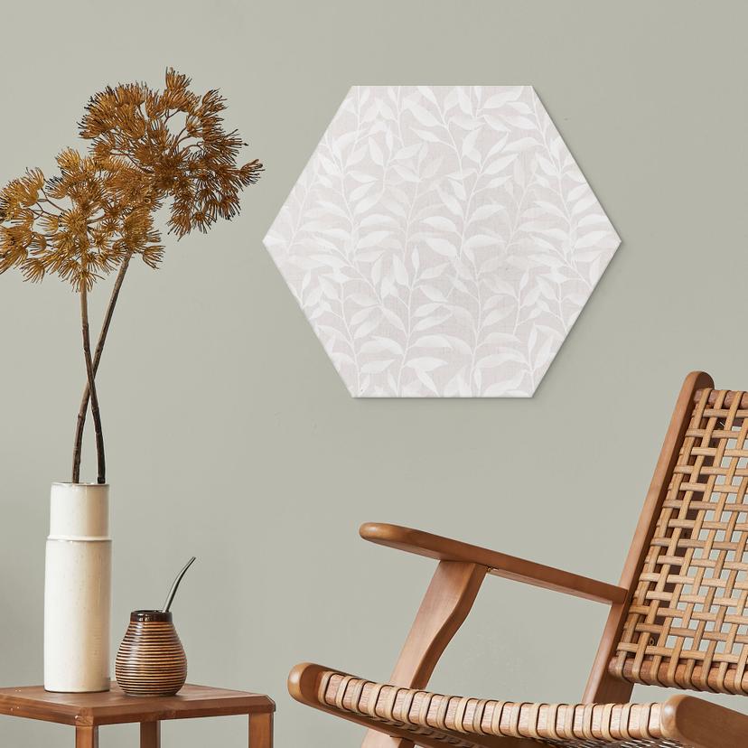 Stampe esagonali per pareti con delicate foglie acquerellate - Beige tenue - Decorazioni floreali -