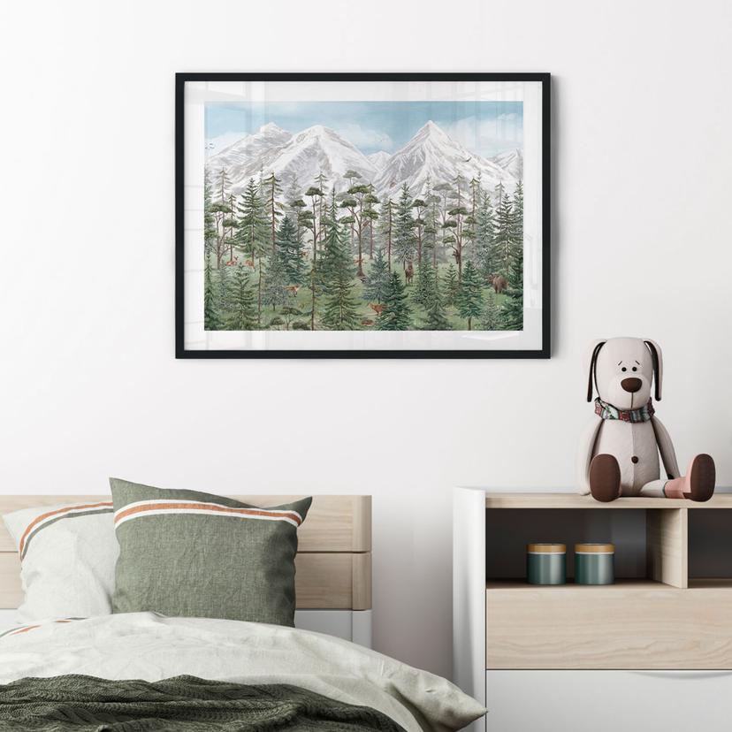 Poster animali della foresta nella verde foresta alpina | motivo natura per la camera dei bambini -