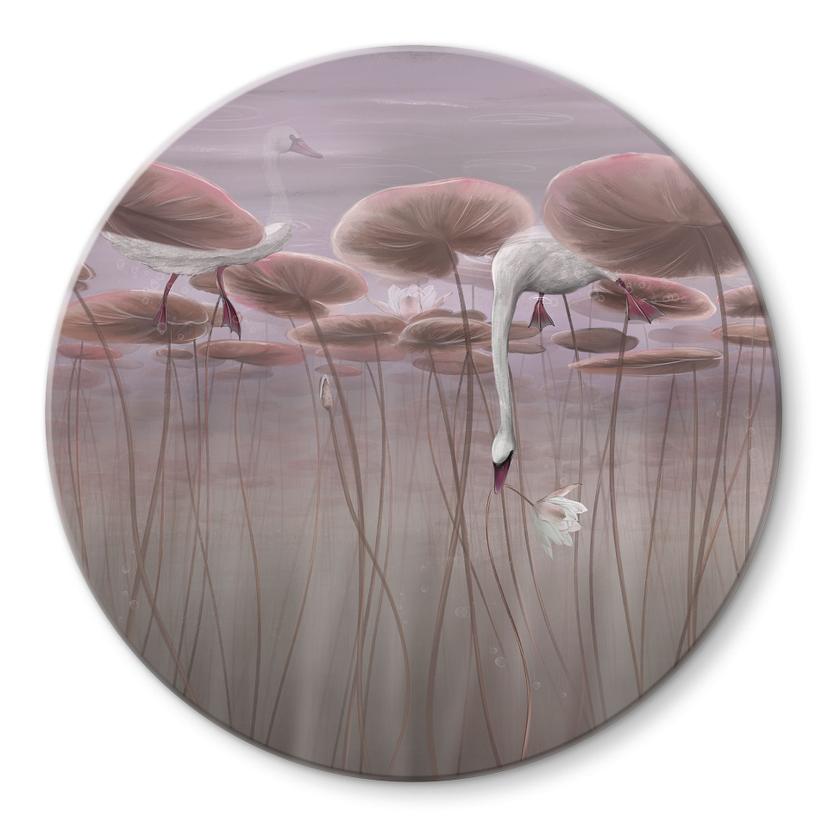 Glasbild Lotusblumen mit Schwan im Wasser in Altrosa - Ms Tiff - Rund