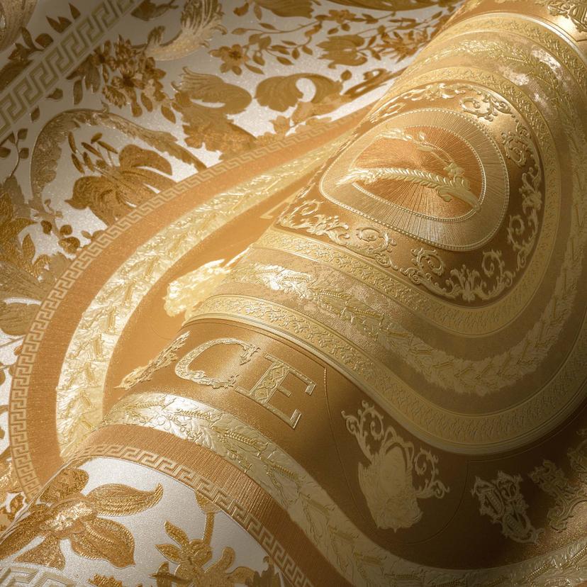 Carta da parati design Versace in oro e bianco Carta da parati in tessuto non tessuto con scritte Ve
