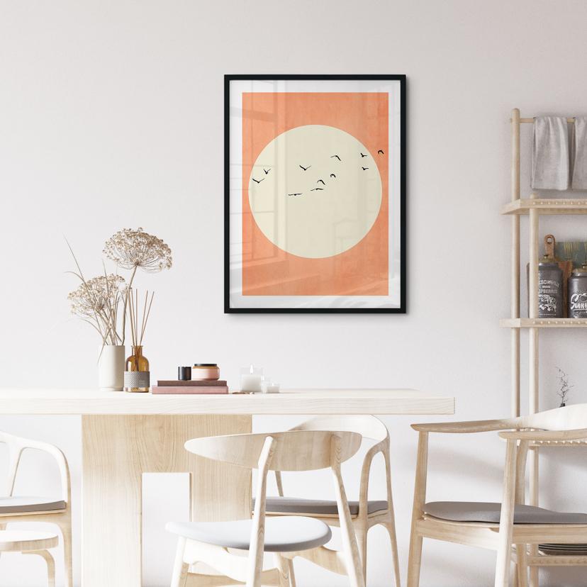 Poster fågelflock framför den varma solen - Kubistika