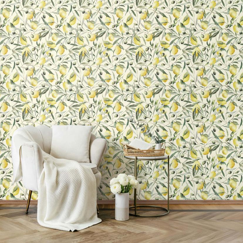 Papel pintado no tejido limones, hojas naturaleza floral mate en beige
