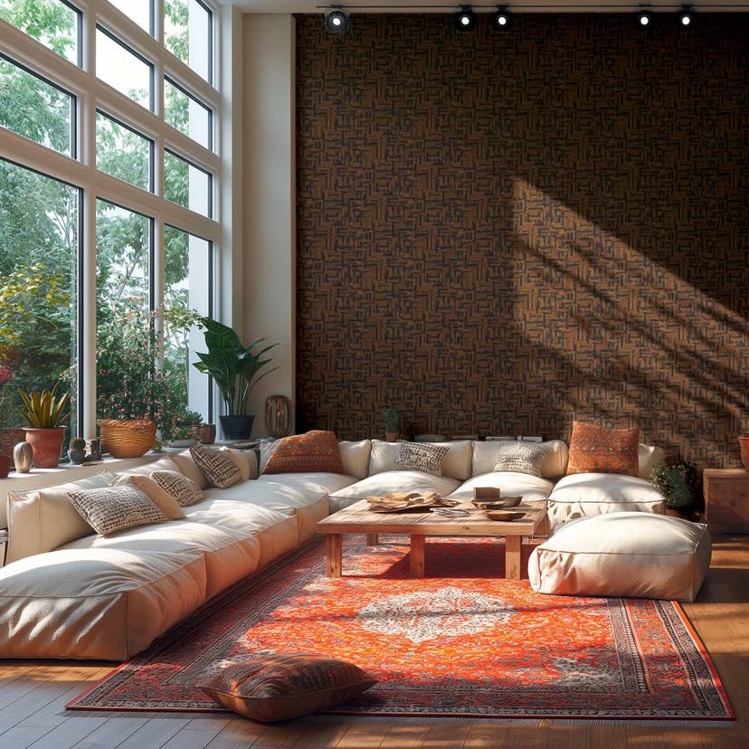 Struktureret tapet med linnedlook brun sort - Geometrisk mønster
