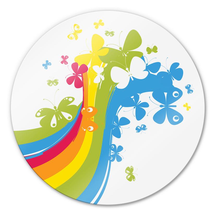 Tableau en verre - Arc-en-ciel et papillons - Rond